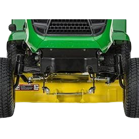 Front view of green riding lawn tractor with yellow Accel Deep Deck for lawn care and outdoor power equipment tasks