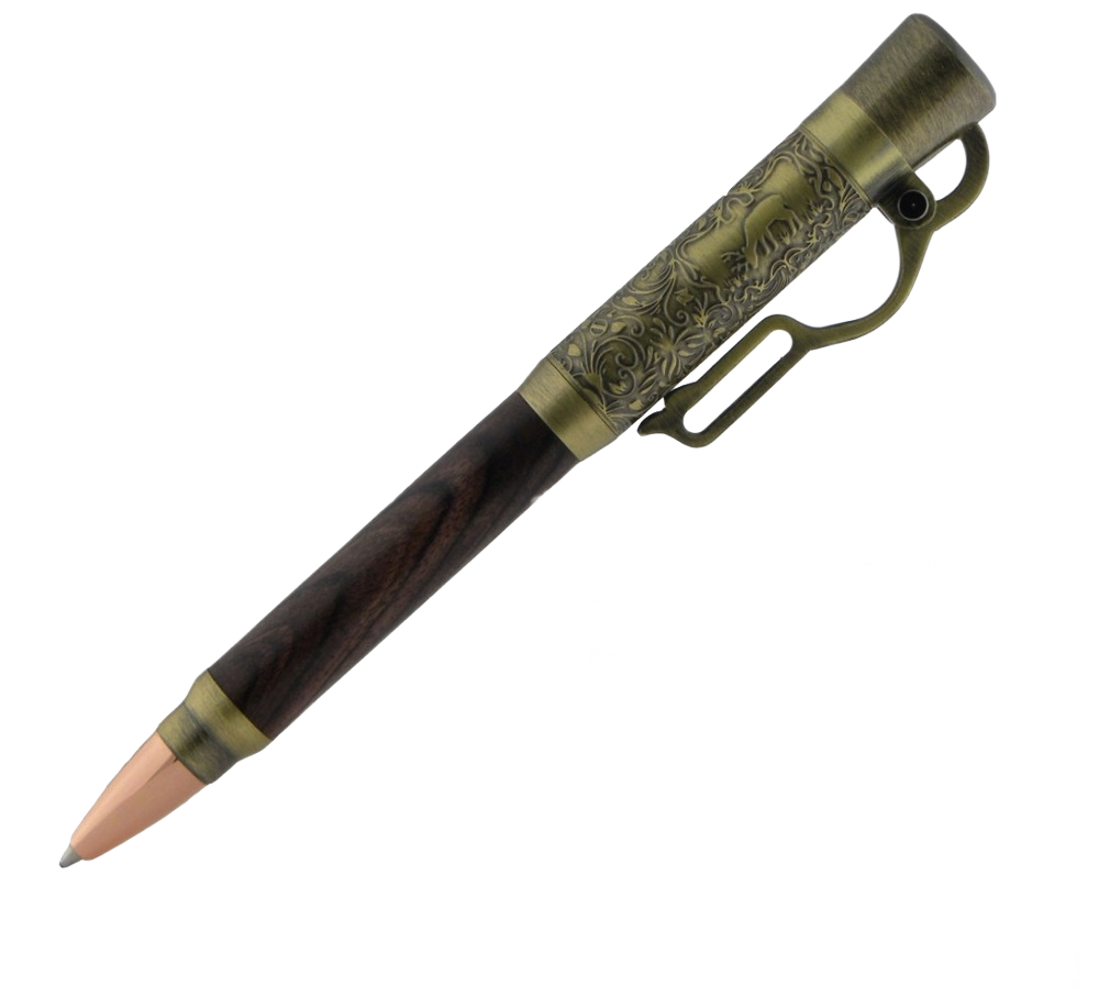 Ballpoint pen with wood barrel and engraved brass lever action mechanism for tools and home improvement use