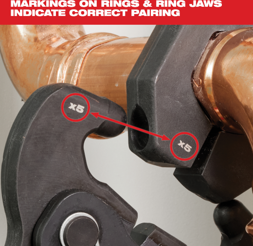 Close-up of press ring and ring jaw with matching x5 markings indicating proper alignment for tool use in home improvement tasks