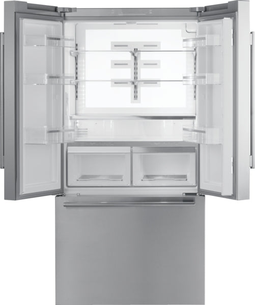 Open stainless steel French door bottom freezer refrigerator with adjustable shelves and clear door bins in Appliances collection