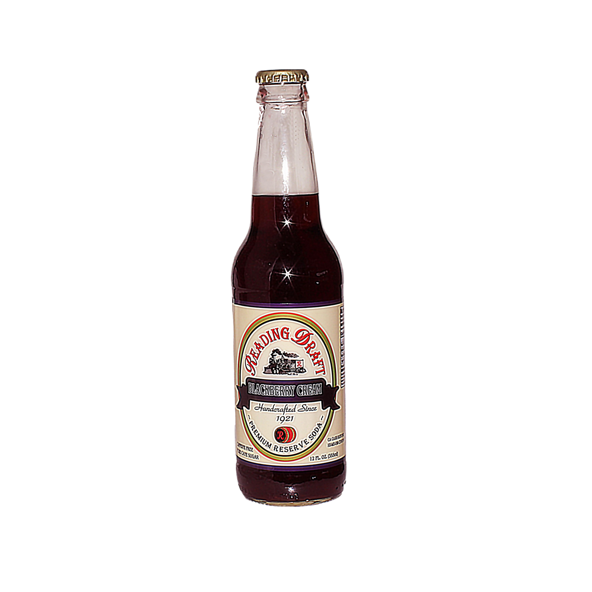 Glass bottle of blackberry cream soda with vintage style label and gold twist-off cap