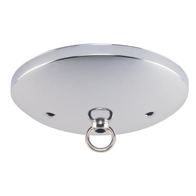 Brushed nickel light canopy kit with smooth round design and central hanging ring for lighting and electrical use