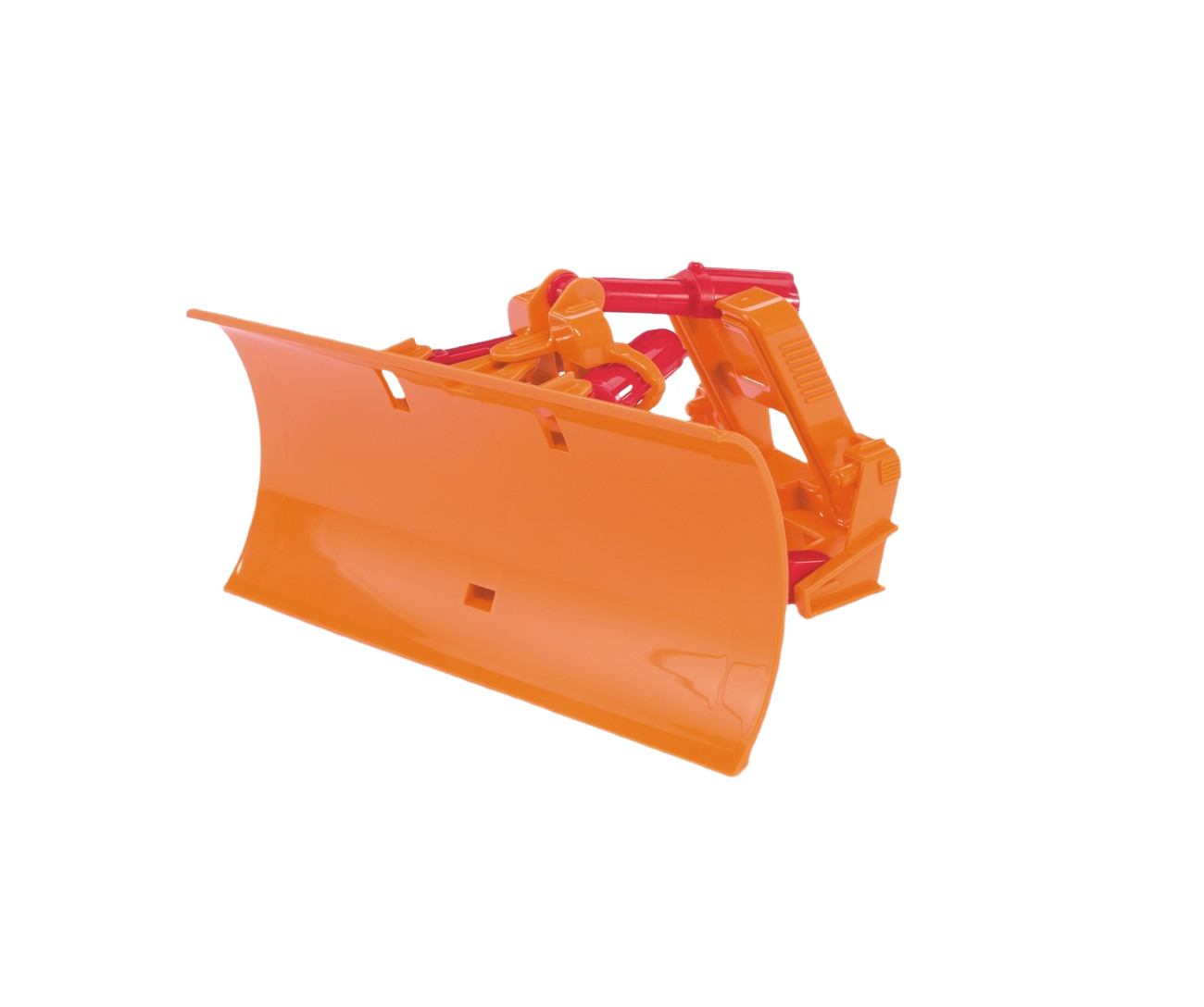 Orange plastic toy plow blade attachment designed for realistic construction and home improvement play sets