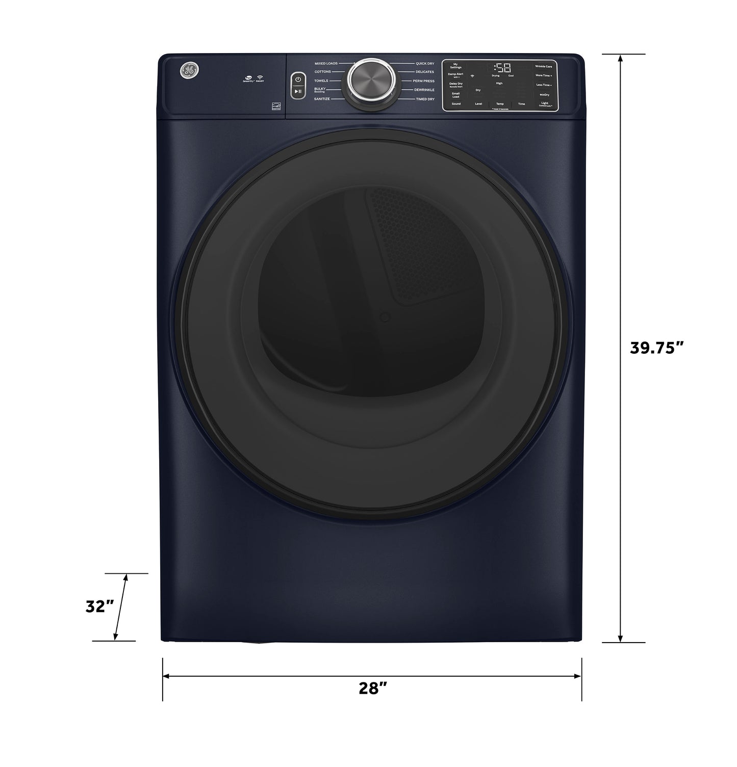 Front load smart electric dryer in dark blue with digital display and control dial in Dryers and Appliances collection