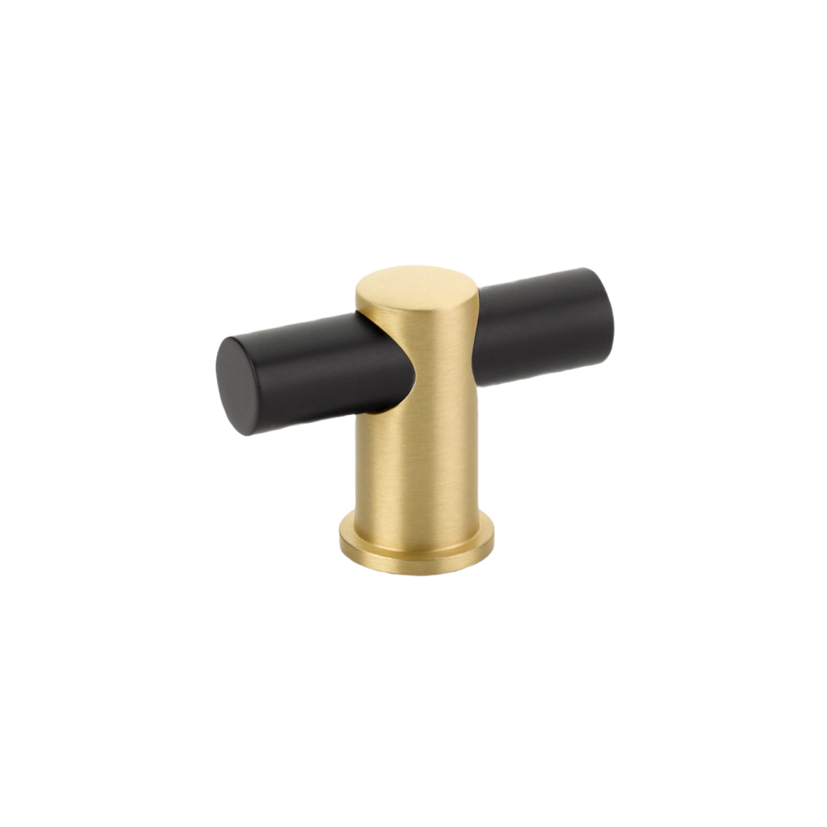 Matte black and satin brass T-knob for cabinets, blending modern style with hardware from furniture accessories under $50.