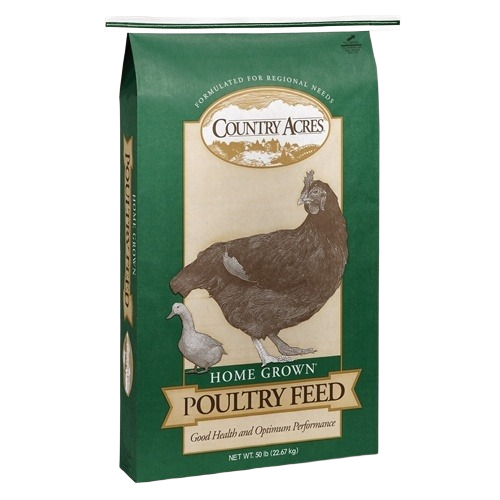 Green 50 lb. bag of Country Acres poultry feed with chicken and duck illustrations for farm animal supplies under $50 collection