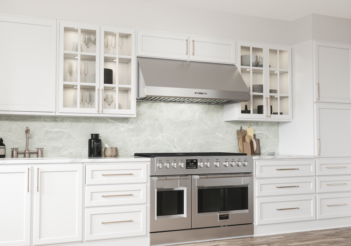 Modern stainless steel wall mounted range hood installed above a professional-style stove with white cabinetry and glass-front upper cabinets, part of Kitchen & Kitchenware and Wall Mounted Range Hoods collections for home improvement.