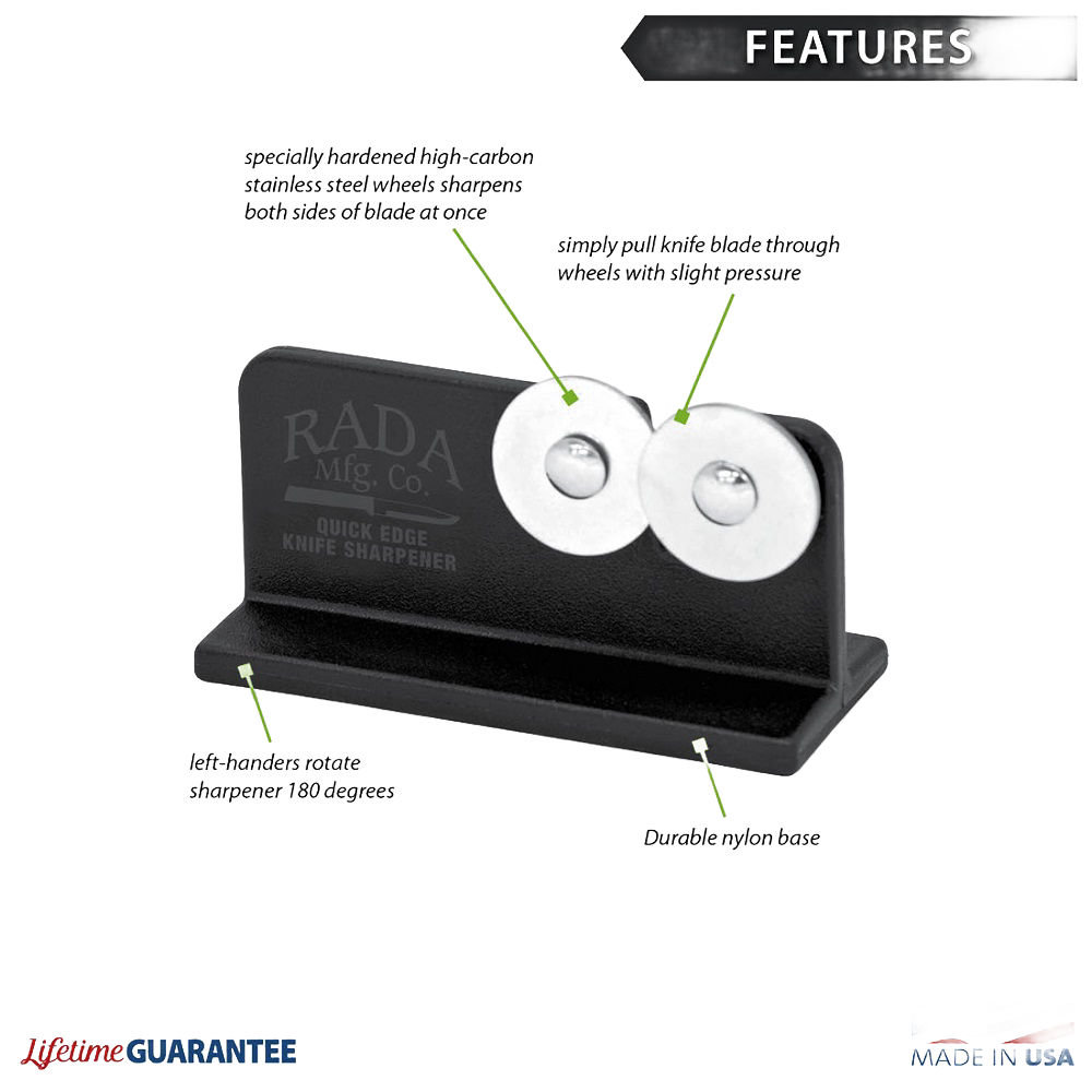 Black Rada knife sharpener with dual stainless steel sharpening discs and angled base for kitchen utensil use