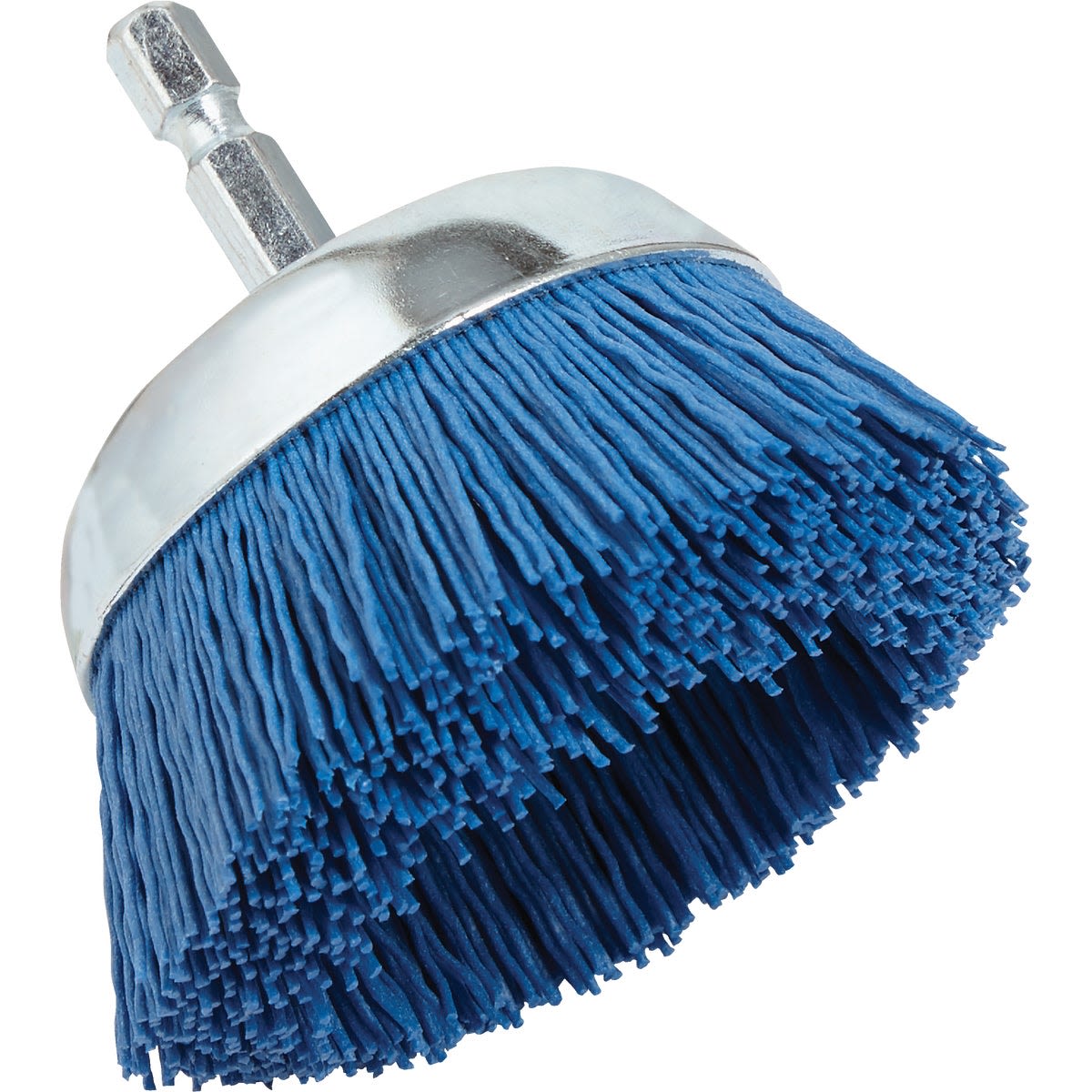 Blue fine cup brush with nylon bristles and metal base, designed for woodworking and power tool accessory collections.