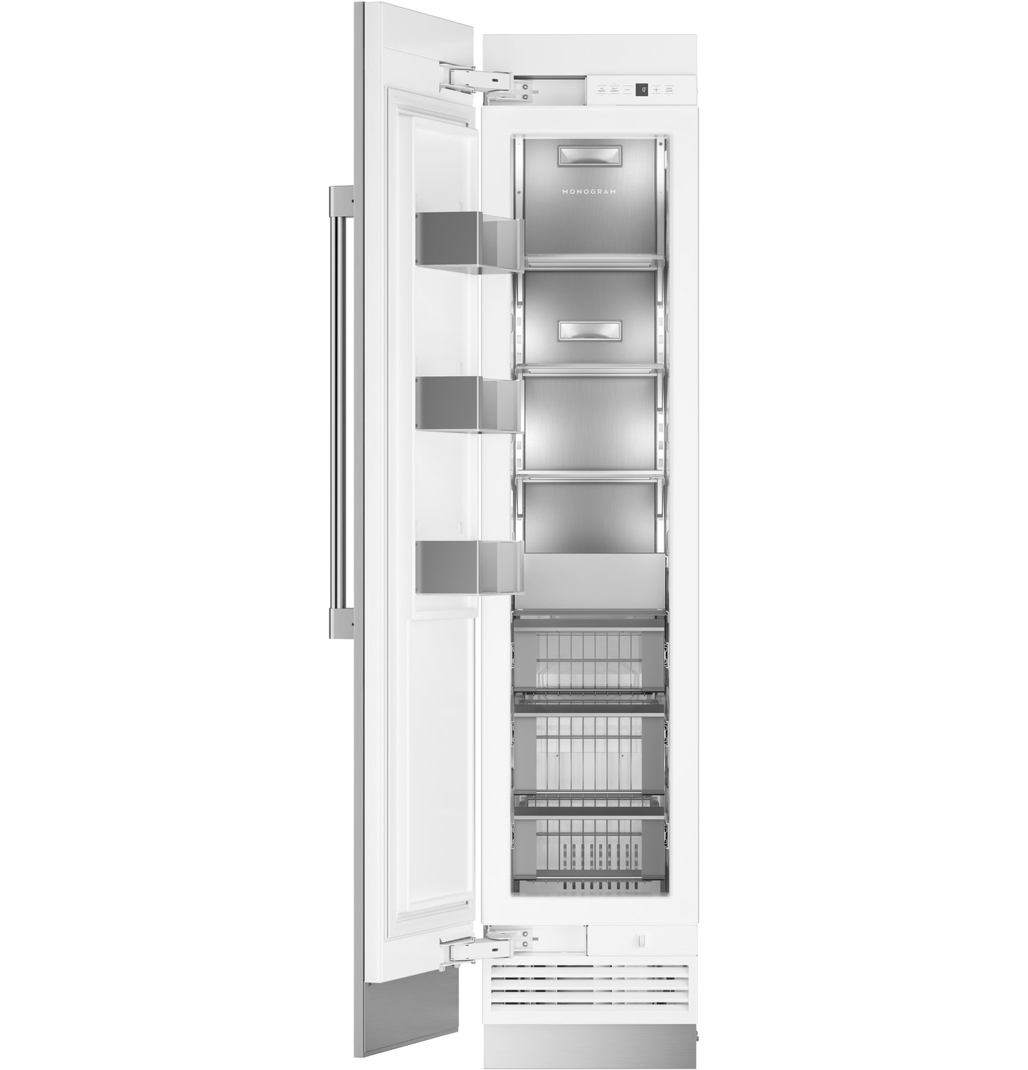 Open panel-ready integrated freezer column with adjustable shelves and clear storage bins in kitchen appliances collection