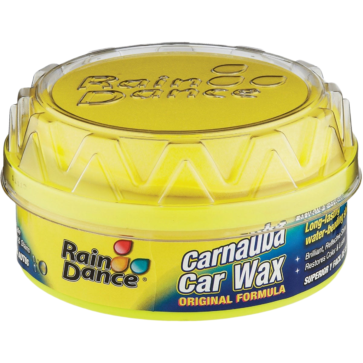 Yellow plastic container of Rain Dance carnauba car wax with embossed lid and bold product branding on label