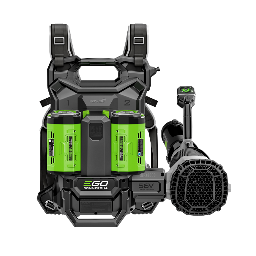 Commercial-grade backpack blower with dual 56V green batteries and ergonomic straps for tools and home improvement tasks