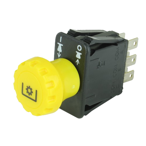 Yellow push switch with gear icon and black body for tools and home improvement applications