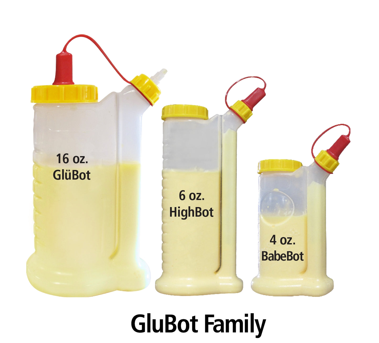 Set of three yellow-capped glue bottles in varying sizes for woodworker adhesives in Glue & Adhesives collection
