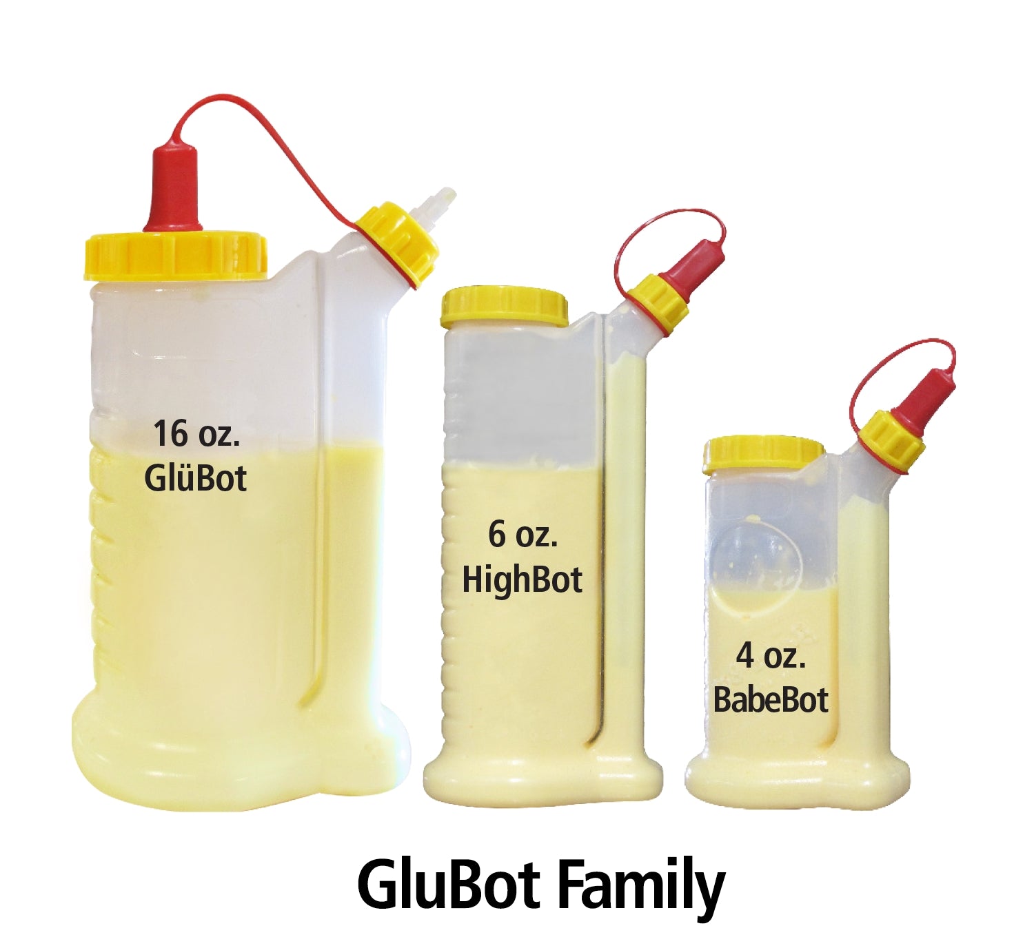 Set of three yellow-capped glue bottles in varying sizes for woodworker adhesives in Glue & Adhesives collection