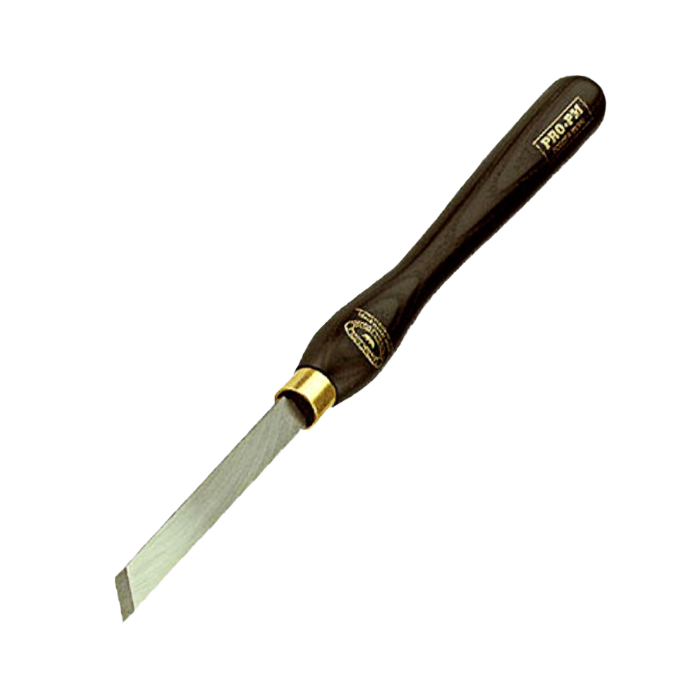 Woodworking skew chisel with polished dark wood handle and metal blade for precision home improvement tasks