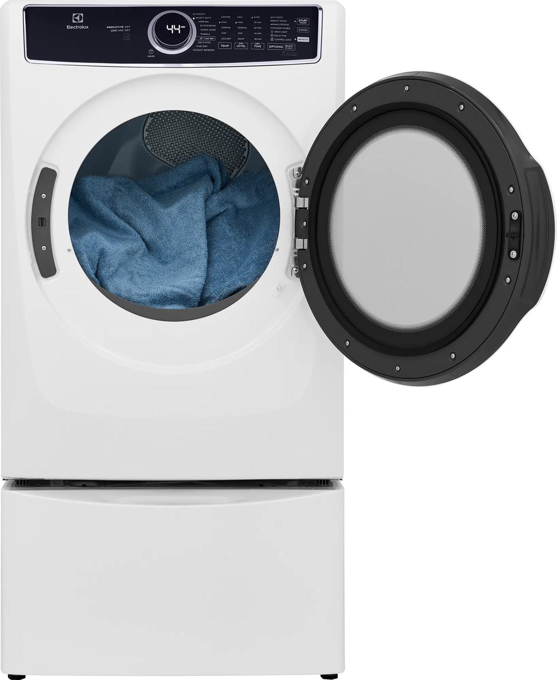 White front load gas dryer with open door and blue towel inside in Dryers, Appliances, and Washers & Dryers collections