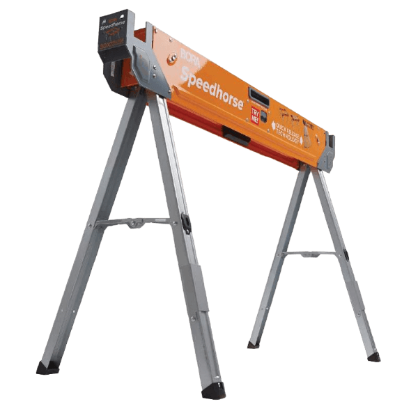 Orange and gray adjustable metal sawhorse designed for supporting materials in tools and home improvement projects