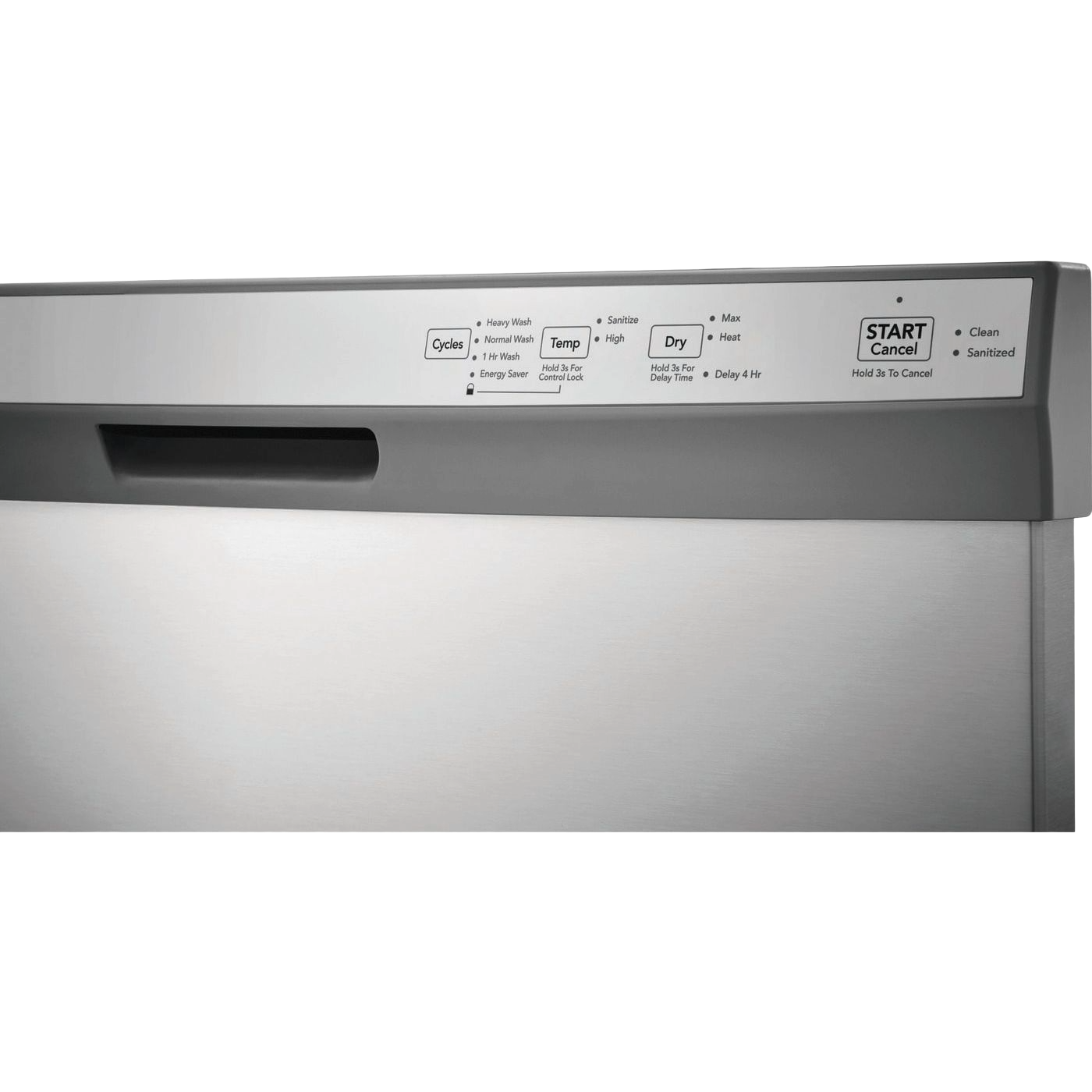 Stainless steel 24" built-in dishwasher control panel with cycle, temperature, and drying options for kitchen use