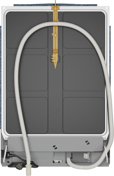 Back view of a 24-inch Bosch dishwasher with water inlet and drain hoses in kitchen appliances collection
