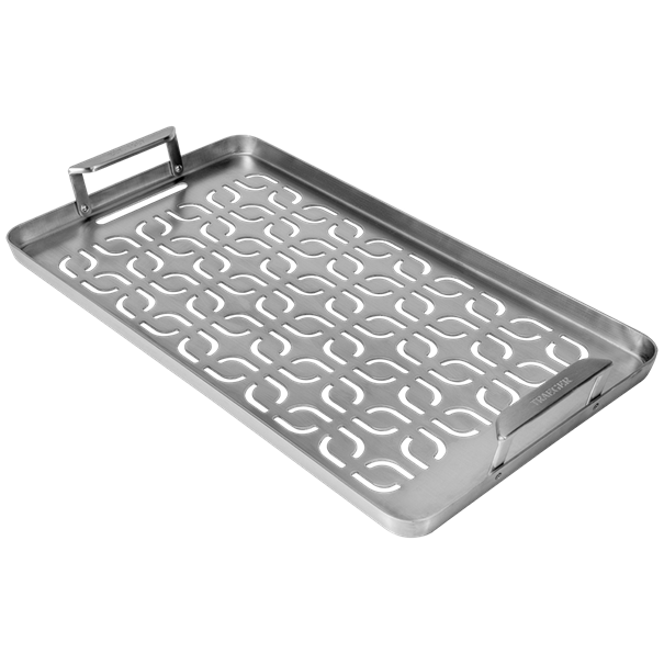 Stainless steel grill tray with handles and perforated surface for grilling fish and vegetables in outdoor living collections