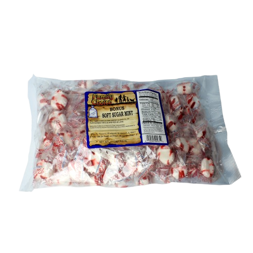 Clear plastic bag filled with individually wrapped soft sugar mints with red and white stripes for sweet refreshment