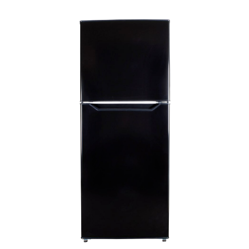 Black top freezer refrigerator with sleek minimalist design, ideal for kitchen and appliance collections.