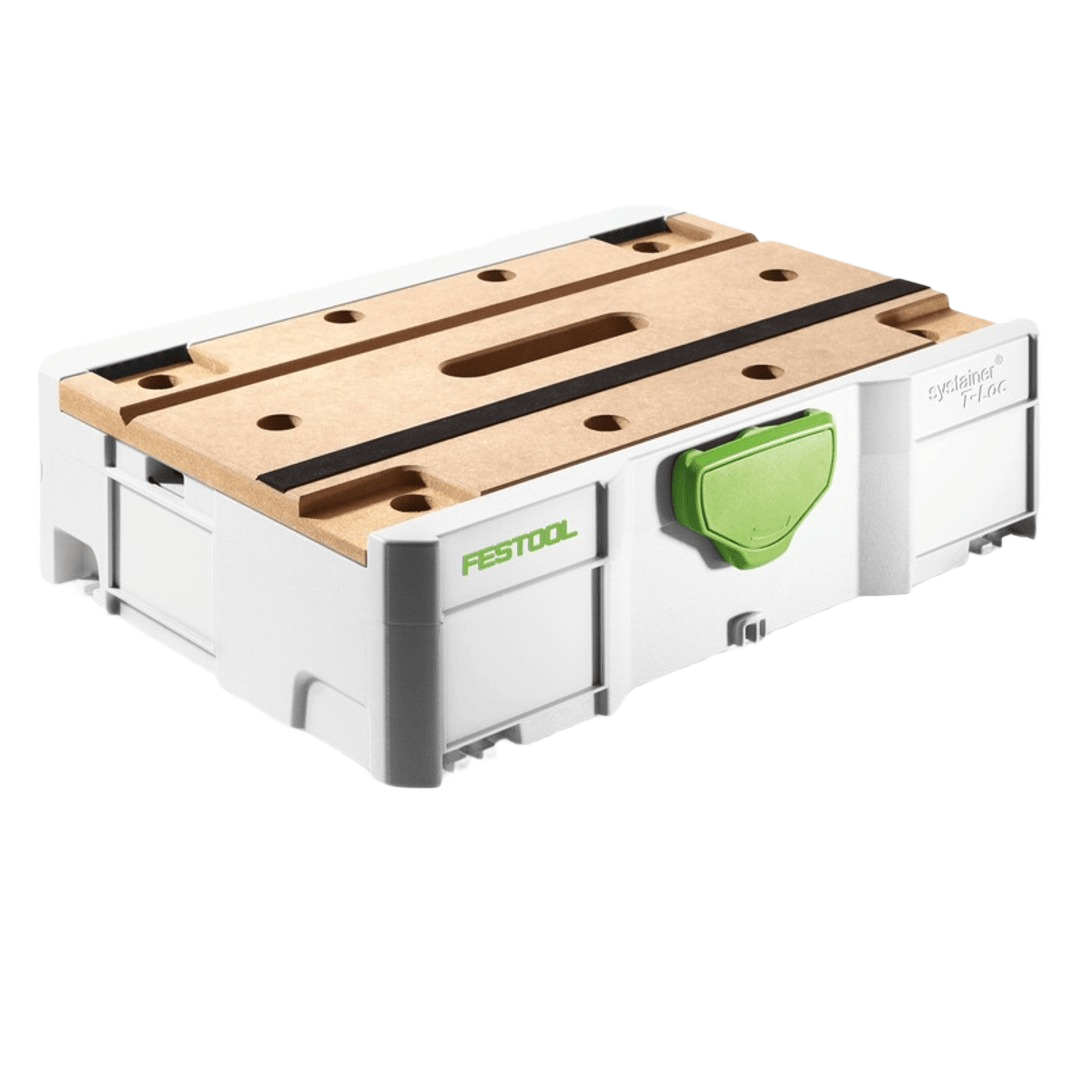 Compact tabletop interlocking storage box with wooden top and green latch for workshop organization and tool storage collections