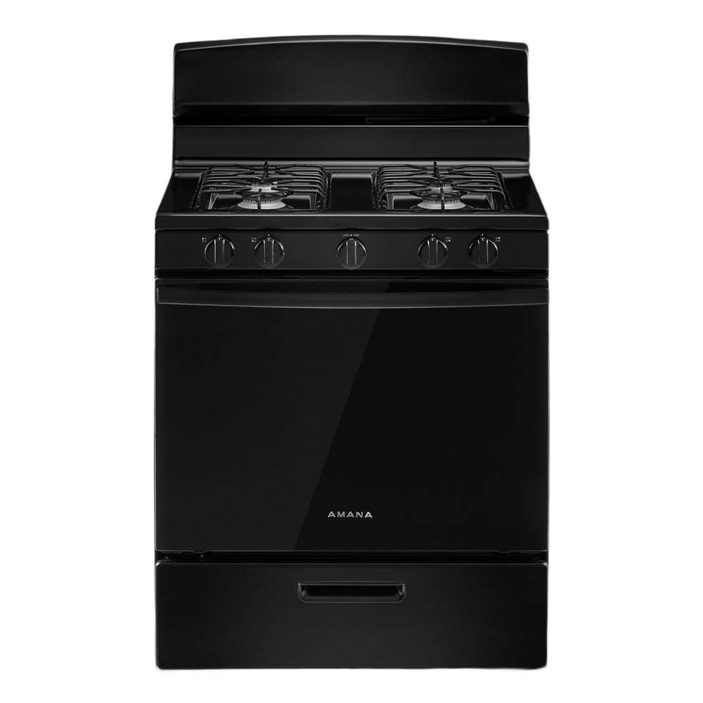 Black Amana gas range with four sealed burners and easy-clean glass door from Ranges and Gas Ranges collections