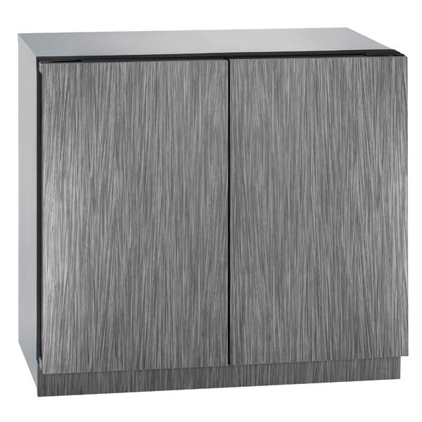 Compact gray wood-textured cabinet with two doors, suitable for kitchen storage and appliances.