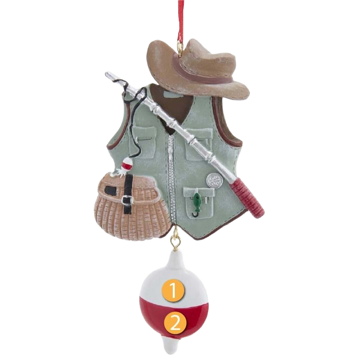 Personalized Christmas ornament featuring fishing vest, hat, rod, basket, and bobber for holiday tree decoration under $50