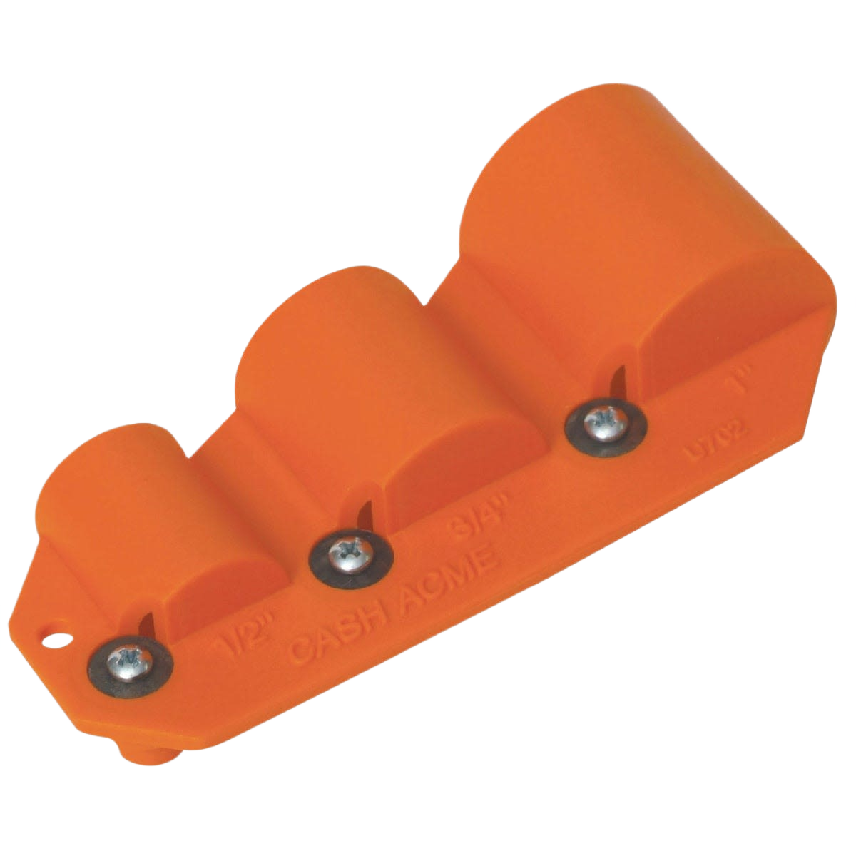 Orange plastic deburring and sealing tool with three size openings and metal screws for home improvement use
