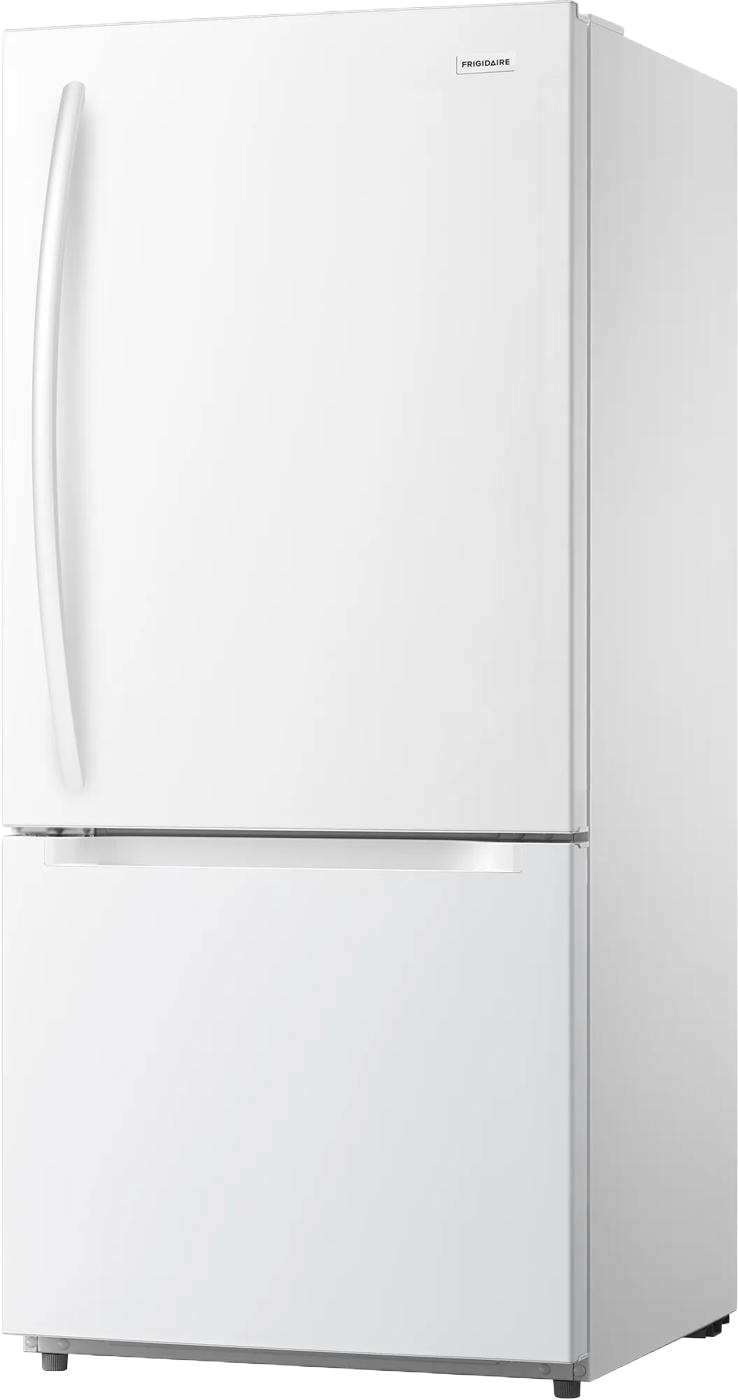 White standard-depth refrigerator with bottom freezer drawer and curved vertical handle, designed for Refrigerators, Kitchen & Kitchenware, and Appliances collections.