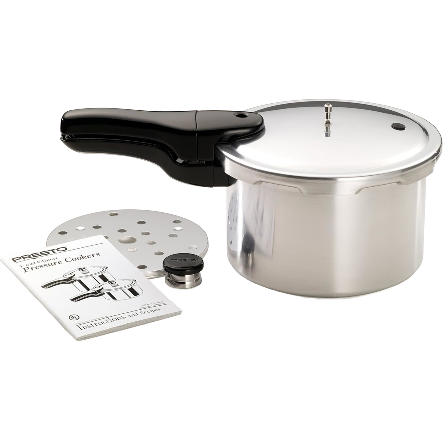 Aluminum pressure cooker with black handle, lid knob, steam regulator, and instruction manual in kitchenware collection