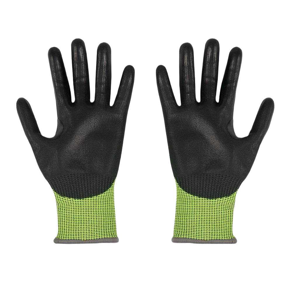 Pair of cut-resistant gloves with black polyurethane palm and hi-vis yellow-green knit wrist for safety and work use