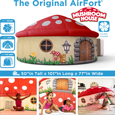 Inflatable mushroom-shaped playhouse with decorative door, window, and forest animal illustrations for kids' imaginative play