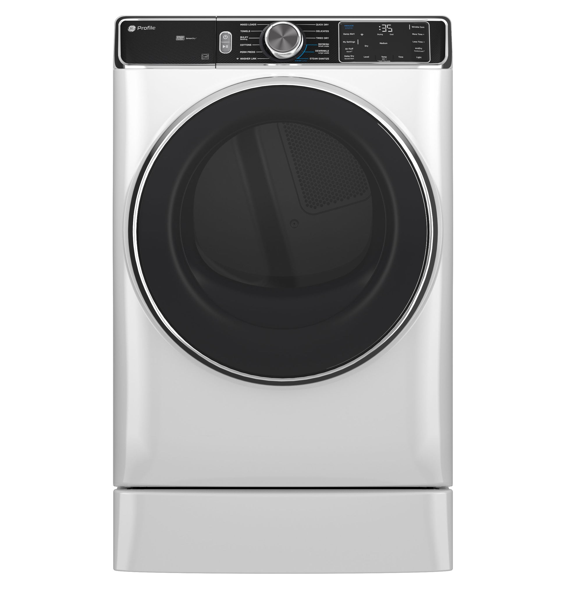 White smart front load gas dryer with digital controls and large tinted door in modern appliance setting