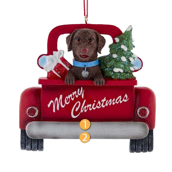 Red truck Christmas ornament with brown Labrador, Christmas tree, and gifts in holiday decorations under $50 collections