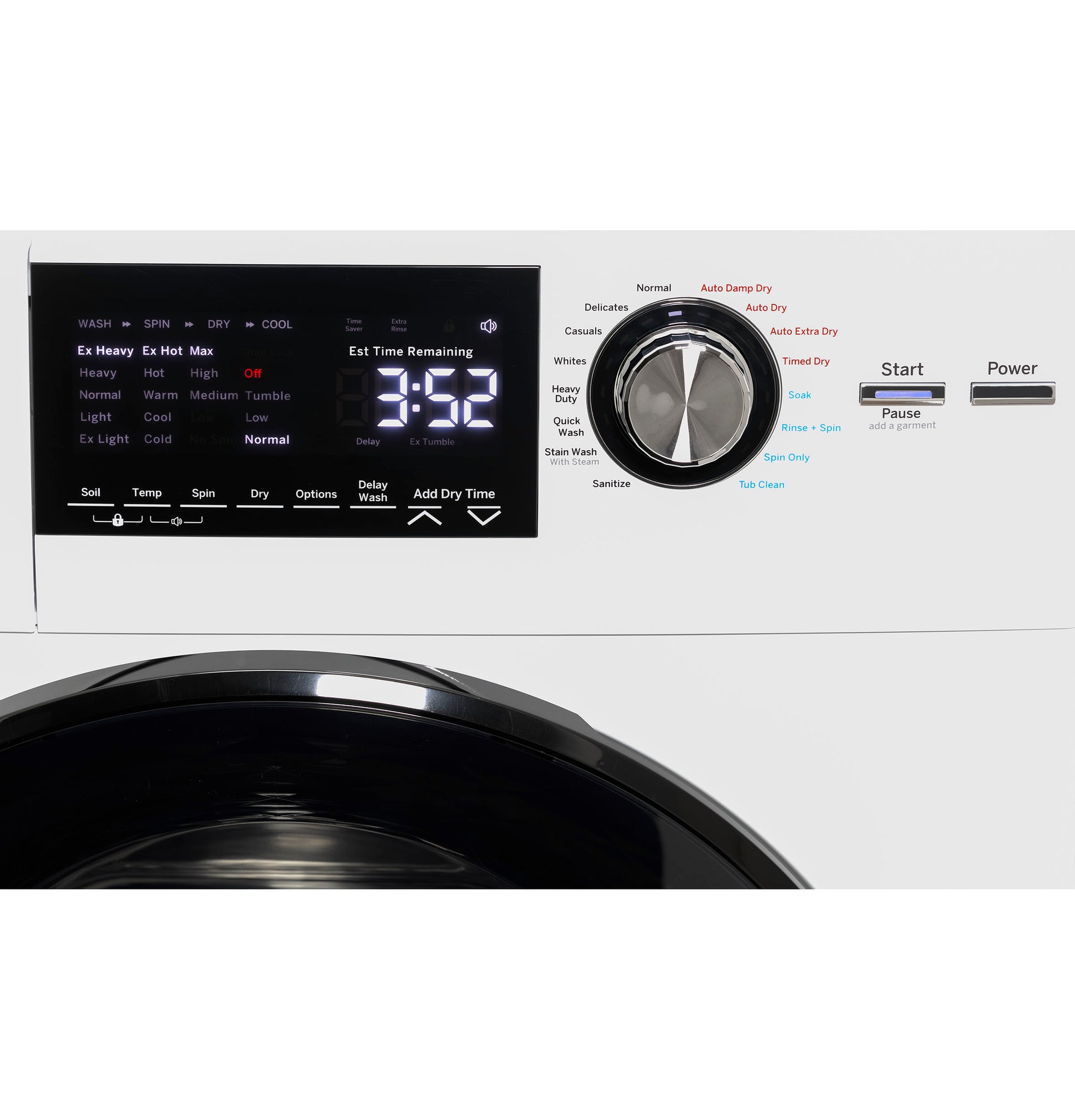 Control panel of white front load washer dryer combo showing cycle options and digital time display from Washer/Dryer Combos collection