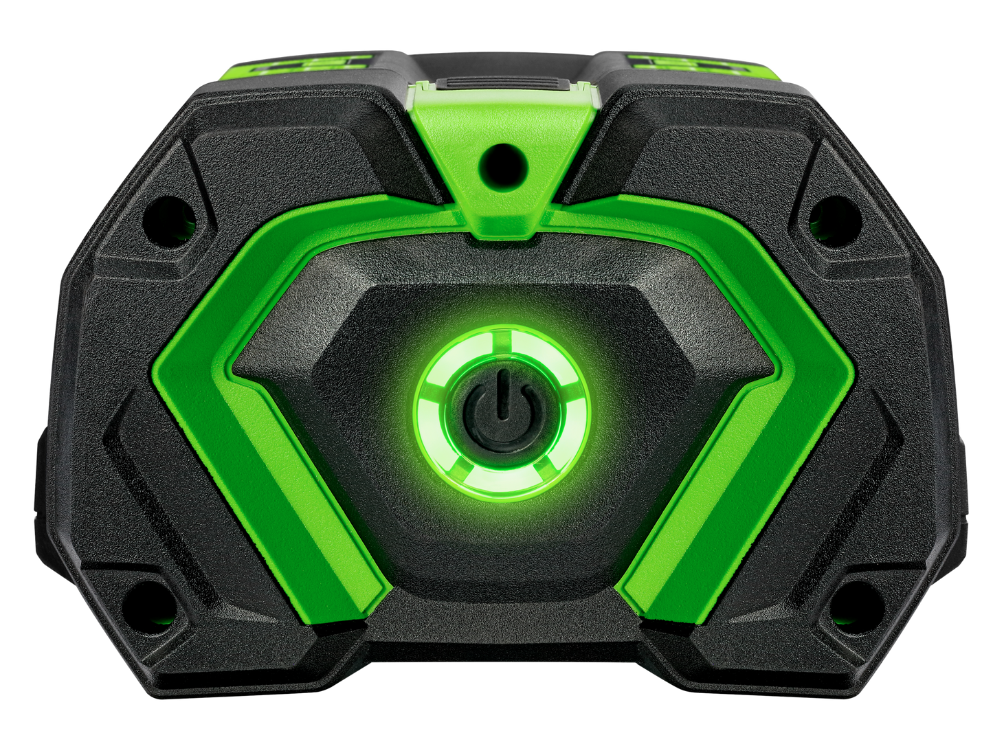 Black and green cordless battery pack with illuminated power button and fuel gauge for tools and home improvement use
