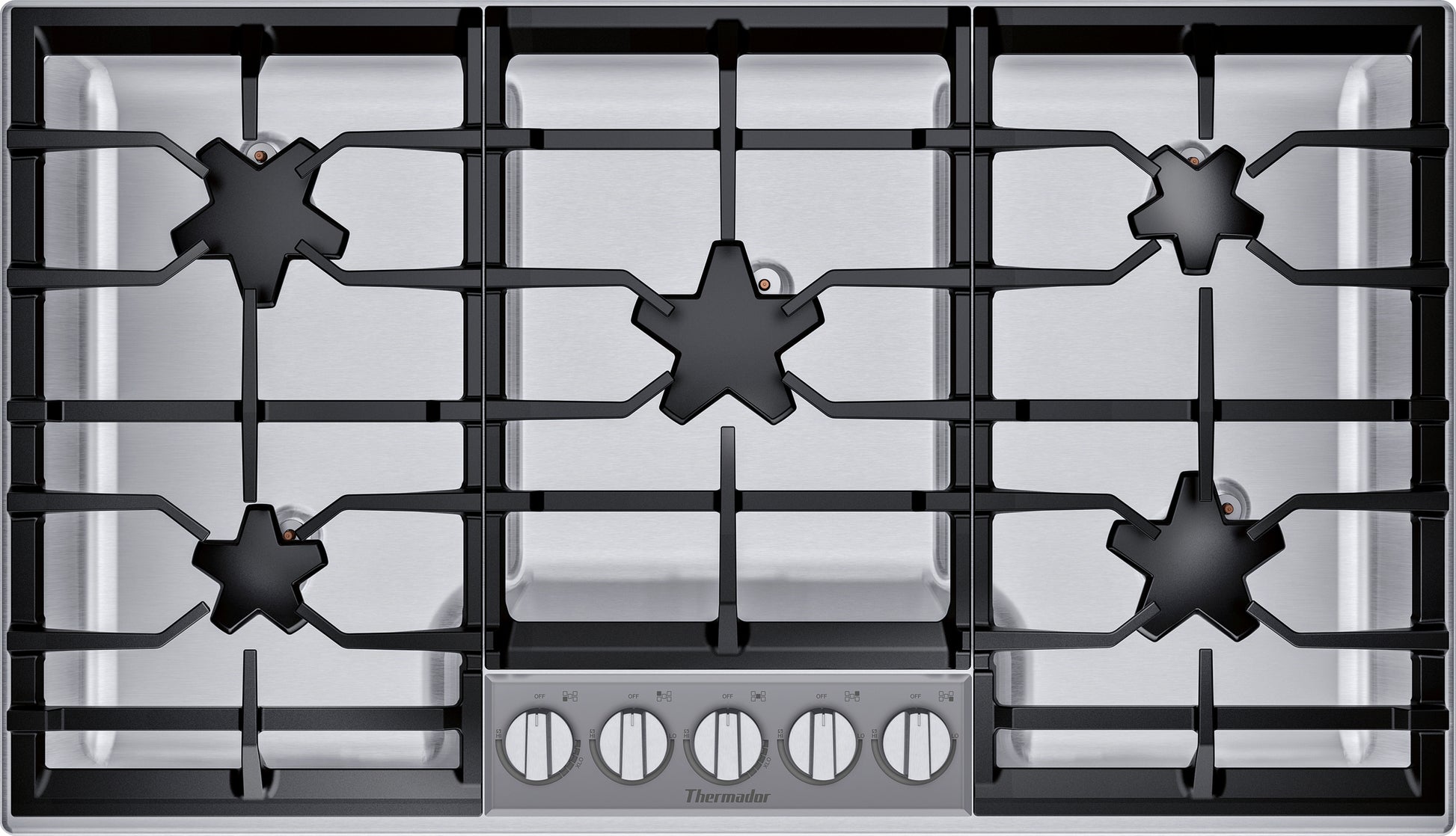 Top view of stainless steel 36-inch gas cooktop with five burners and front control knobs from Thermador Appliances collection
