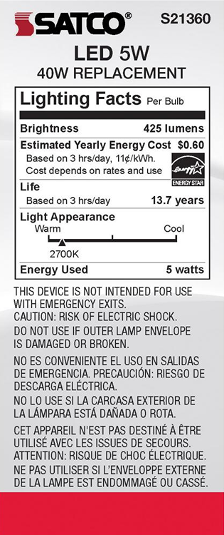 Energy-efficient 5 watt LED bulb with 425 lumens warm white light, ideal for Electrical and Home Improvement collections under $50.