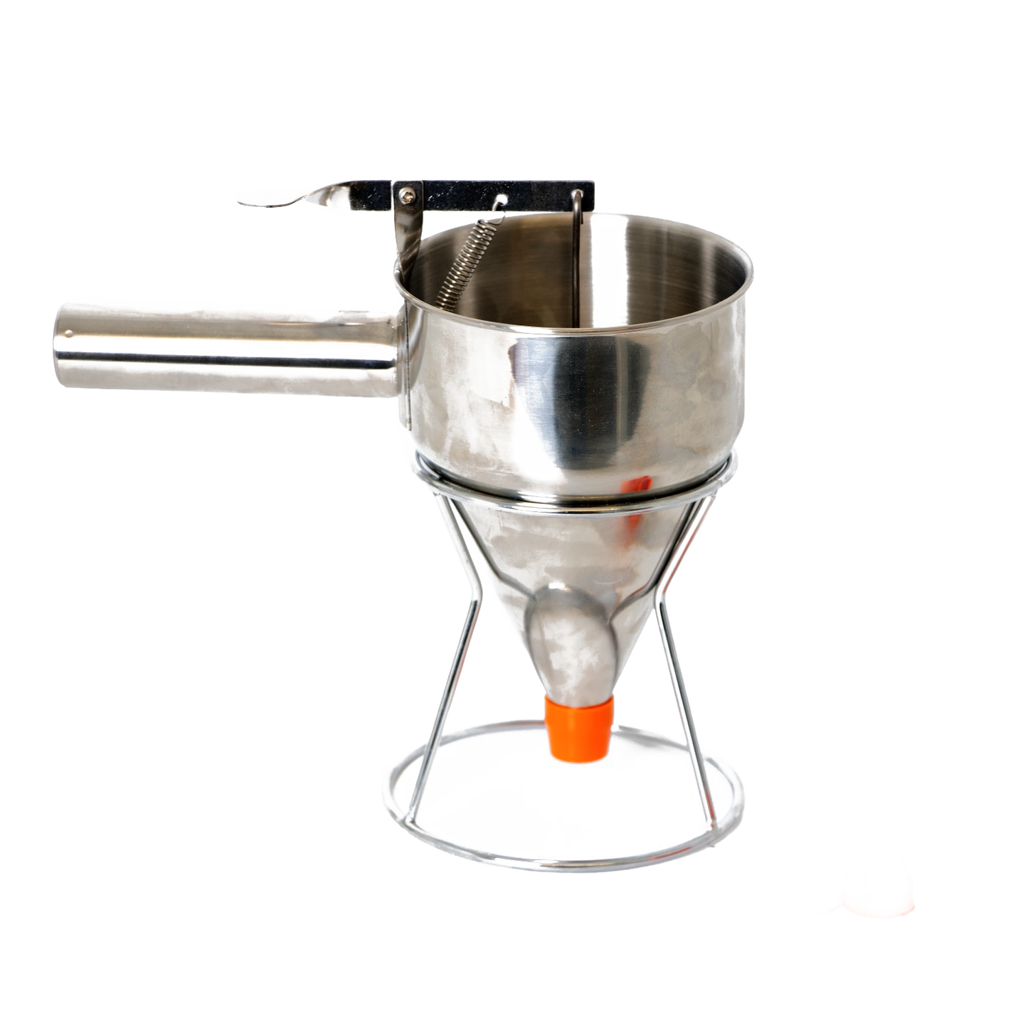 Stainless steel batter dispenser with handle and stand, designed for kitchenware and kitchen gadgets collections under $50