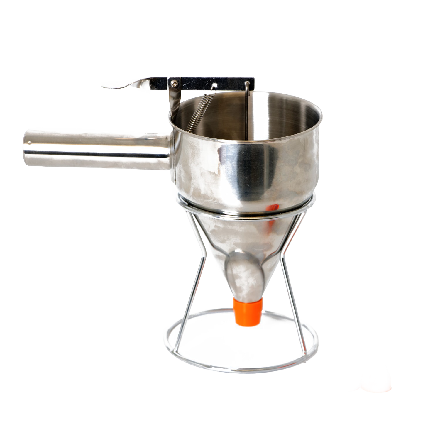 Stainless steel batter dispenser with handle and stand, designed for kitchenware and kitchen gadgets collections under $50