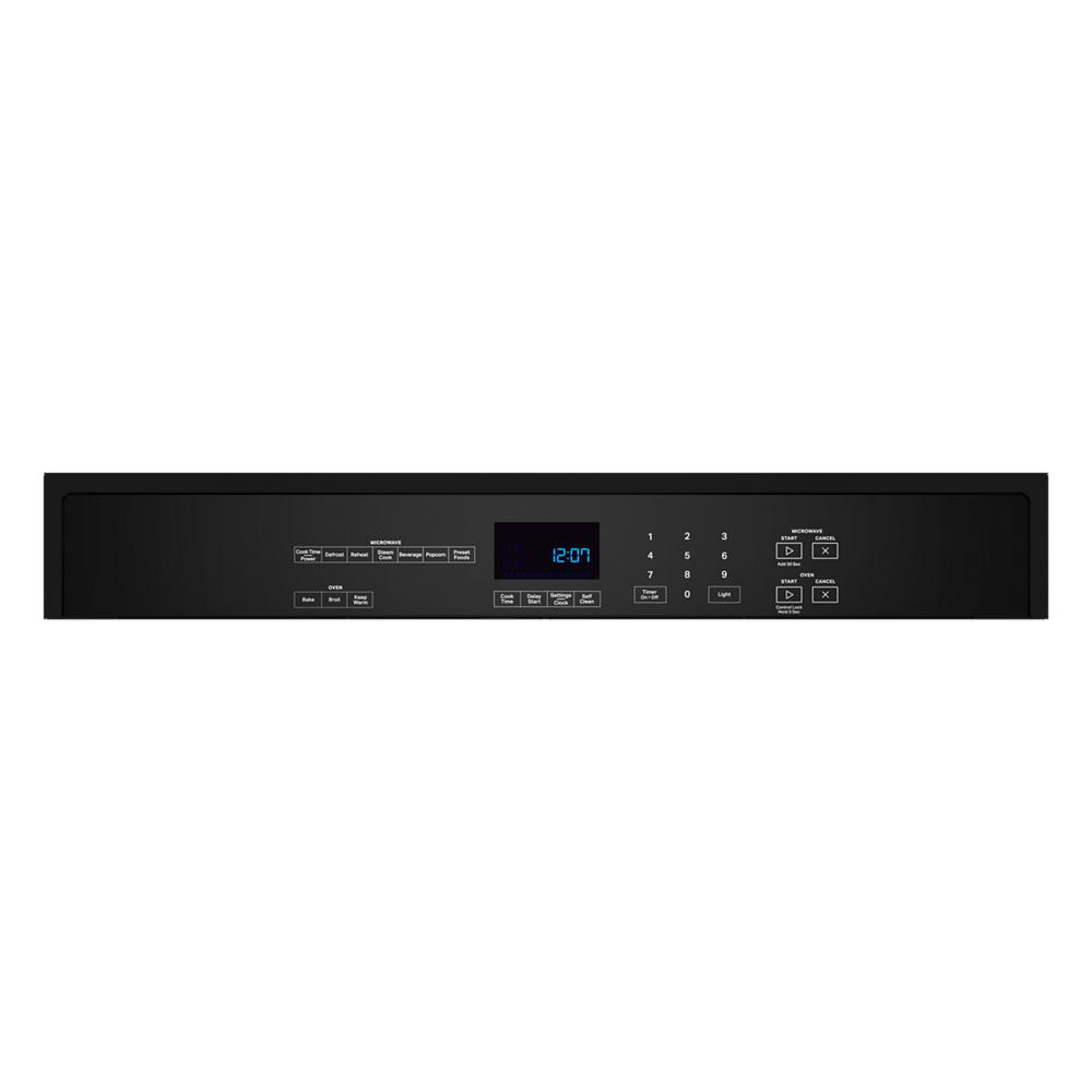 Control panel of a black microwave combo wall oven with digital display and touchpad buttons for cooking settings