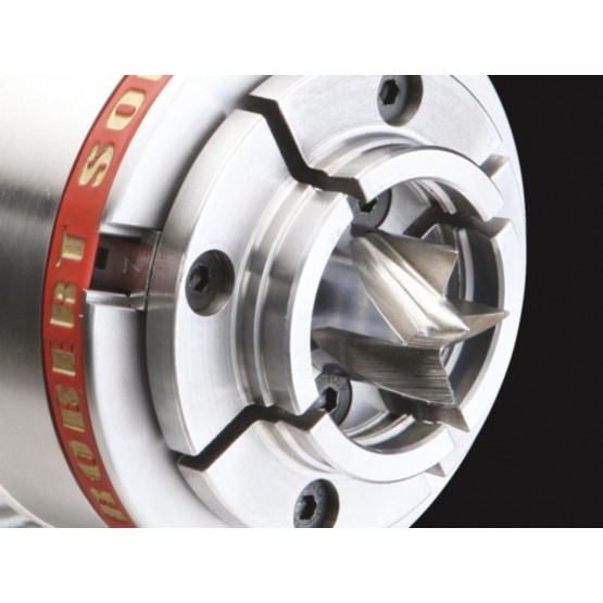 Close-up of a precision metal chuck drive center with sharp pointed tip for woodworking tools and home improvement projects