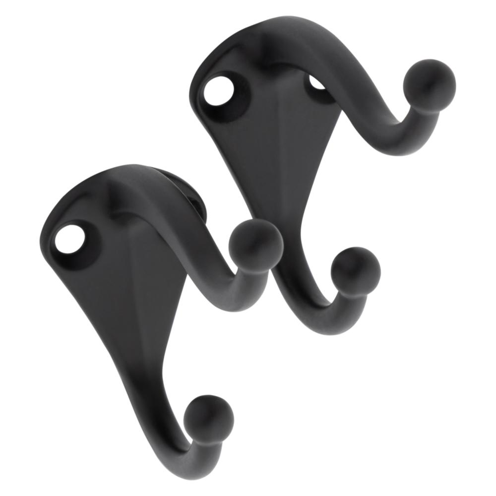 Pair of matte black wall-mounted coat hooks with three rounded hooks for closet and storage organization