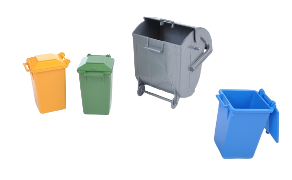 Set of four miniature Bruder Toys garbage cans in yellow, green, gray, and blue for pretend play and home improvement use