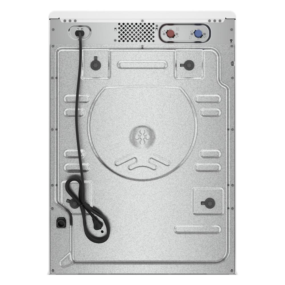 Rear view of steel panel with power cord, water inlet connections, and vent on front load washer in appliances collection