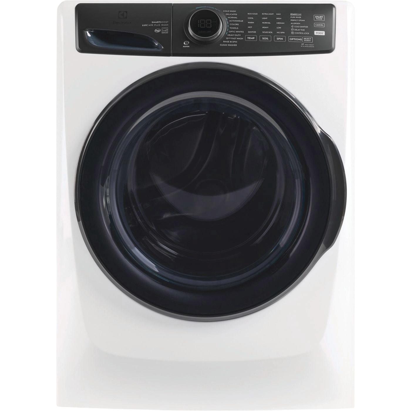 White front load washer with digital display and control panel for washers and home appliances collections